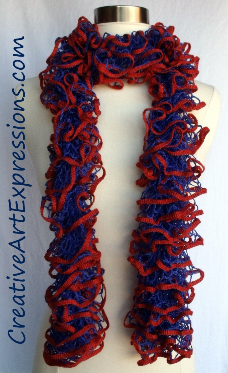 Creative Art Expressions Hand Knit Blue & Orange Ruffle Scarf